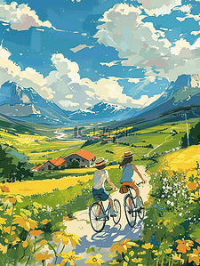 骑自行车卡通女孩插画图片_夏季插画田间风景海报手绘