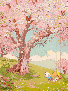 粉色手绘卡通动物插画图片_风景盛开樱花唯美手绘插画海报