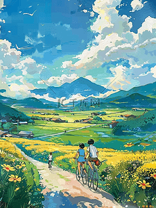 骑自行车卡通女孩插画图片_夏季田间手绘风景插画海报