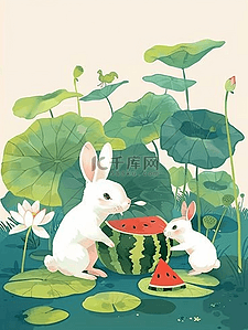 白色的兔子插画图片_风景夏季荷叶小兔西瓜手绘插画海报