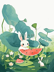 白色的兔子插画图片_风景荷叶夏季小兔西瓜手绘插画海报