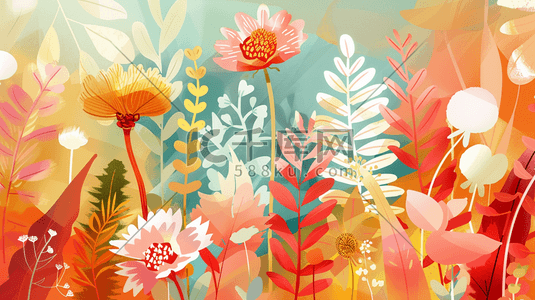 彩色夏季盛开的植物花朵插画