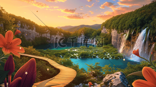 森林中的蓝色湖泊上的栈桥插画