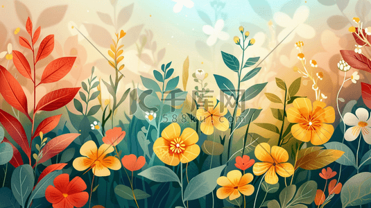 彩色夏季盛开的植物花朵插画