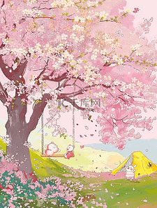 盛开樱花风景唯美手绘海报插画