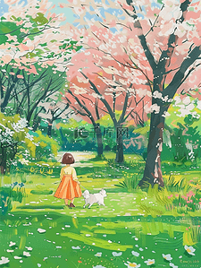 夏季樱花树唯美手绘风景插画海报