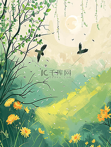 夏天小海报插画图片_草坪树木花草手绘夏天插画海报