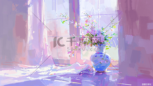 粉紫色梦幻插画图片_窗前的花瓶唯美插画7