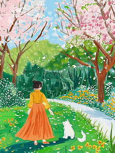 夏季樱花树唯美风景手绘插画海报