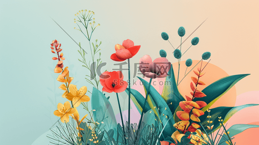 叶子花朵插画图片_彩色夏季盛开的植物花朵插画
