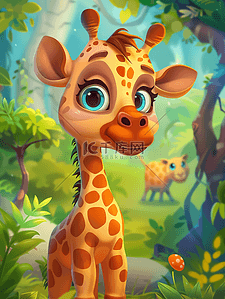 非洲森林插画图片_森里面的可爱长颈鹿插画
