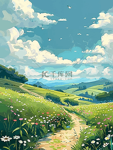 弯曲指示箭头插画图片_夏季风景弯曲小路植物海报手绘插画海报