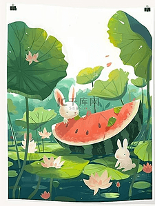 卡通夏季西瓜插画图片_风景荷叶小兔夏季西瓜手绘插画海报