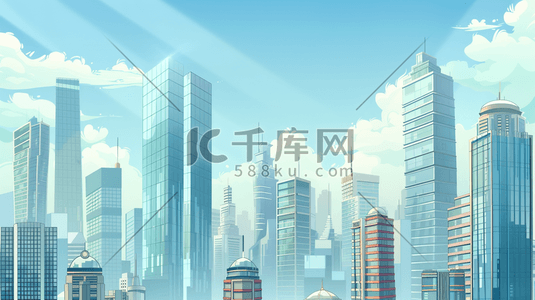 蓝色高楼大厦插画图片_蓝色科技感城市建筑风景插画