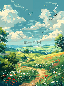 弯曲的色块插画图片_夏季手绘海报风景弯曲小路植物插画