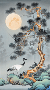 毛笔设计字体插画图片_国风仙鹤明月松间照国画插画设计