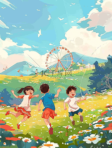 卡通奔跑的孩子插画图片_夏季孩子玩耍卡通手绘插画海报