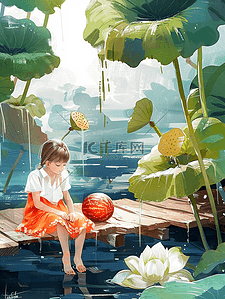 风干莲藕插画图片_夏季插画女孩唯美西瓜手绘海报