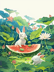 夏季风景荷叶插画小兔西瓜手绘海报