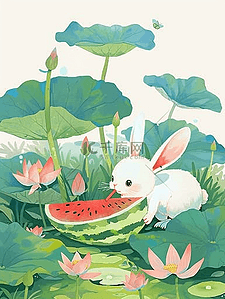 白色的兔子插画图片_风景荷叶小兔西瓜手绘夏季插画海报