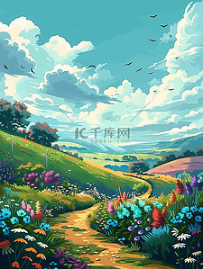 公路伸向远方的插画图片_夏季植物风景弯曲小路手绘海报图片