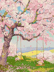 粉色手绘卡通动物插画图片_插画盛开樱花风景唯美手绘海报