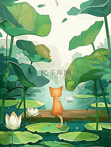 夏季手绘荷叶小猫插画海报