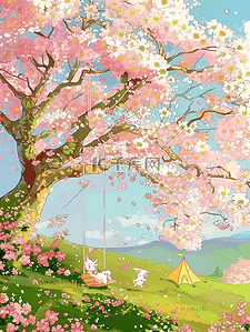 粉色手绘卡通动物插画图片_樱花盛开风景唯美手绘插画海报