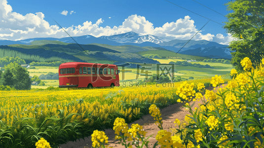 红色黄色插画图片_一辆红色的巴士行驶穿过黄色花田插画