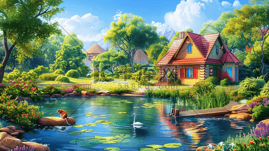 池塘边插画图片_3D森林湖泊旁的房子插画