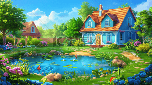 草地水潭插画图片_3D森林湖泊旁的房子插画