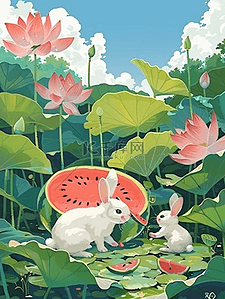 风景荷叶小兔西瓜夏季手绘插画海报
