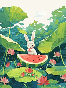 白色小花插画图片_海报夏季风景荷叶小兔西瓜手绘插画