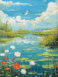 浮萍一道开插画图片_夏季荷花池塘荷花海报荷叶手绘原创插画