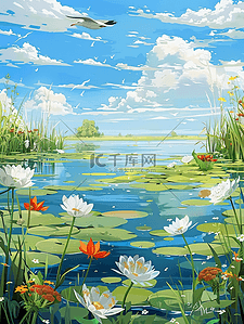 国潮白花插画图片_手绘海报夏季荷花池塘荷花荷叶插画海报