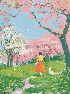 夏季樱花树唯美手绘插画海报风景