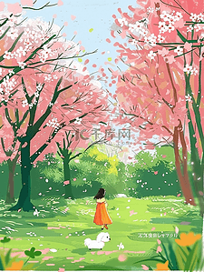 风景夏季樱花树唯美手绘插画海报