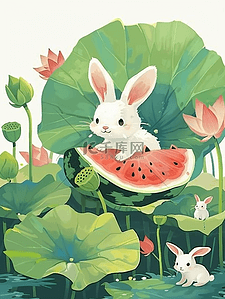 白色的兔子插画图片_风景荷叶小兔西瓜手绘插画海报夏季