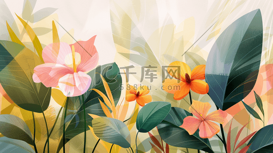 水彩植物花朵插画图片_彩色夏季盛开的植物花朵插画