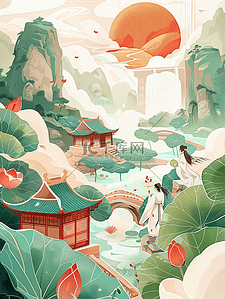 举个插画图片_夏天风景唯美海报手绘插画