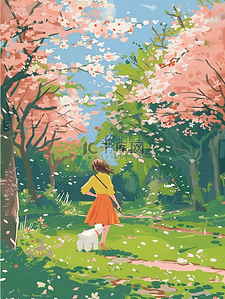 女夏上衣插画图片_樱花树风景夏季唯美手绘插画海报