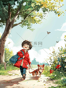 小狗手绘插画图片_男孩上学夏季手绘海报素材