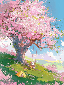 有花的草地插画图片_盛开樱花风景唯美手绘插画海报