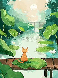 夏季海报荷叶小猫手绘插画