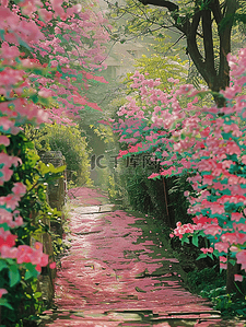 山上的台阶插画图片_插画蔷薇花夏天台阶树木手绘海报