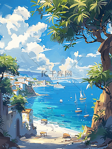 橄榄树插画图片_海边夏日度假沙滩手绘插画