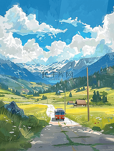 路边汽车插画图片_汽车晴朗天气风景手绘海报夏季插画图片