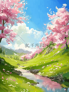 樱花开了插画图片_夏季樱花手绘草地小溪插画海报