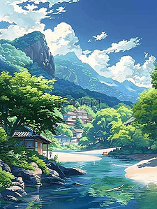 山峰树木河水夏季手绘插画海报