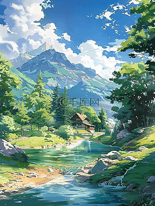 清澈河水插画图片_夏季山峰手绘树木河水插画海报